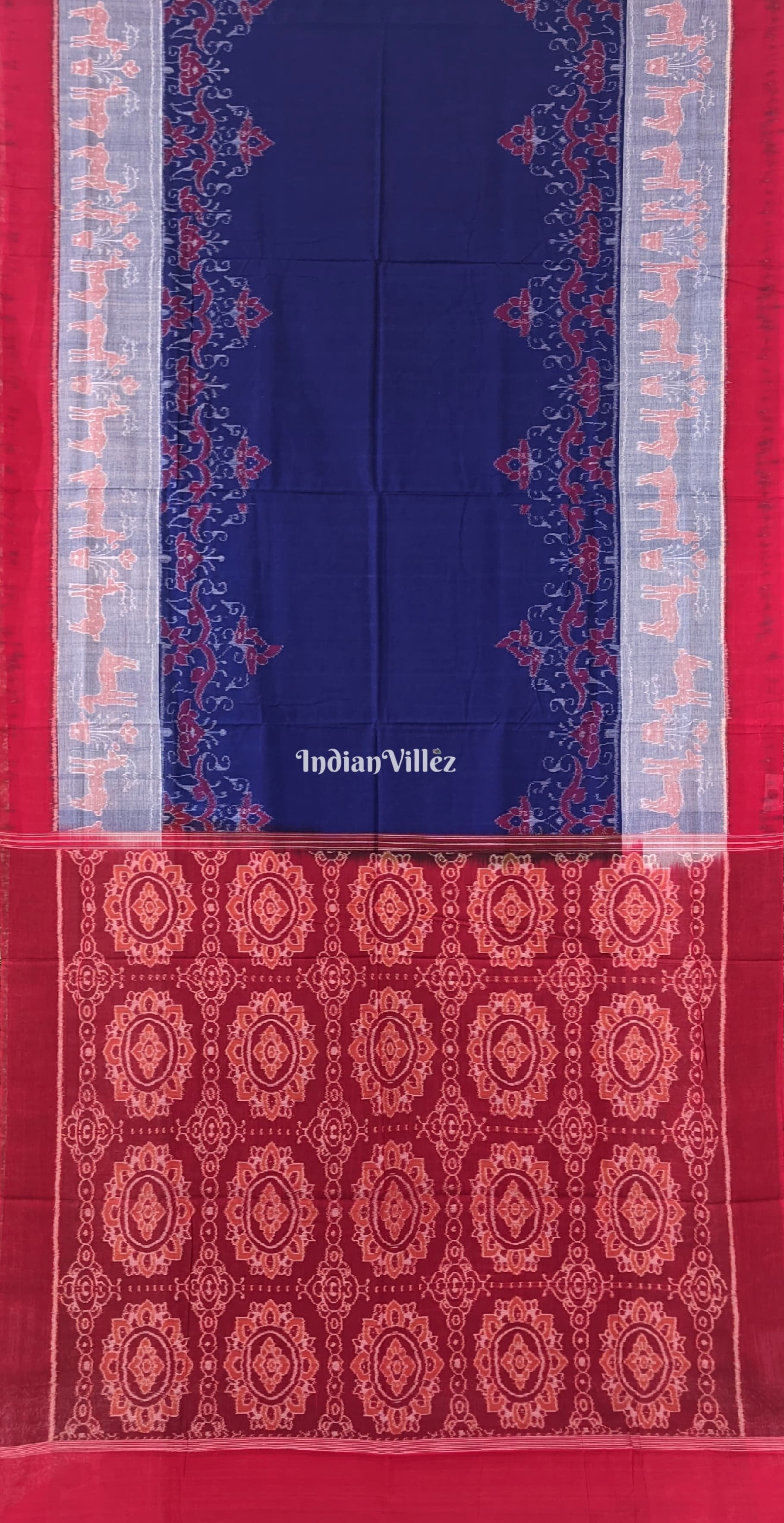 Blue Red Pure Sambalpuri Ikat Cotton Saree