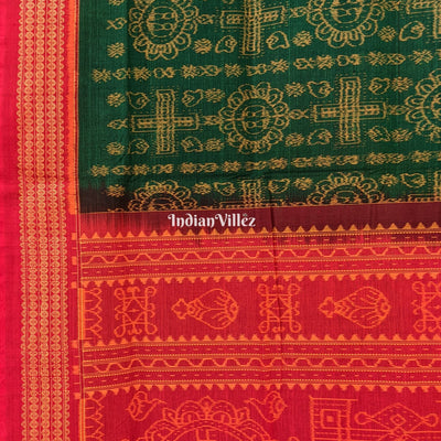 Green With Red border Odisha Ikat Sambalpuri Pure Cotton Saree