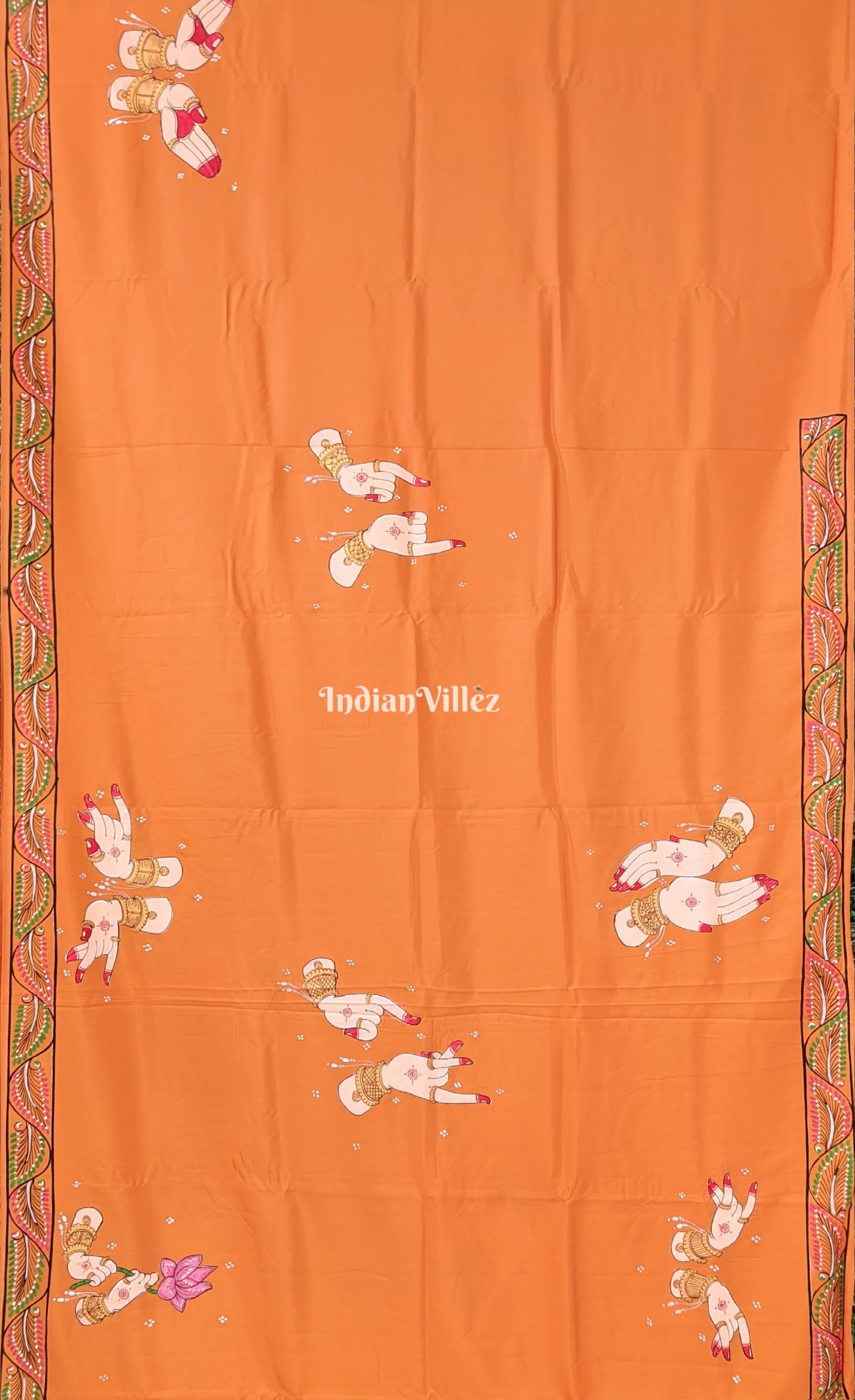 Orange Chandua Theme Hand-Painted Pattachitra Saree