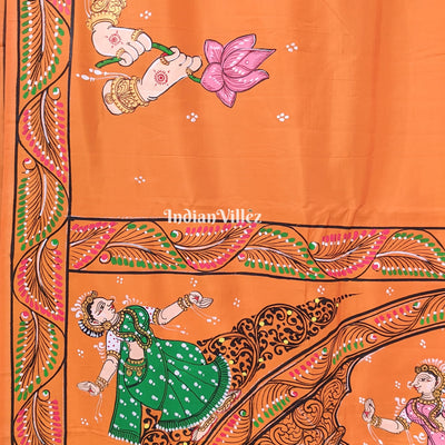 Orange Chandua Theme Hand-Painted Pattachitra Saree