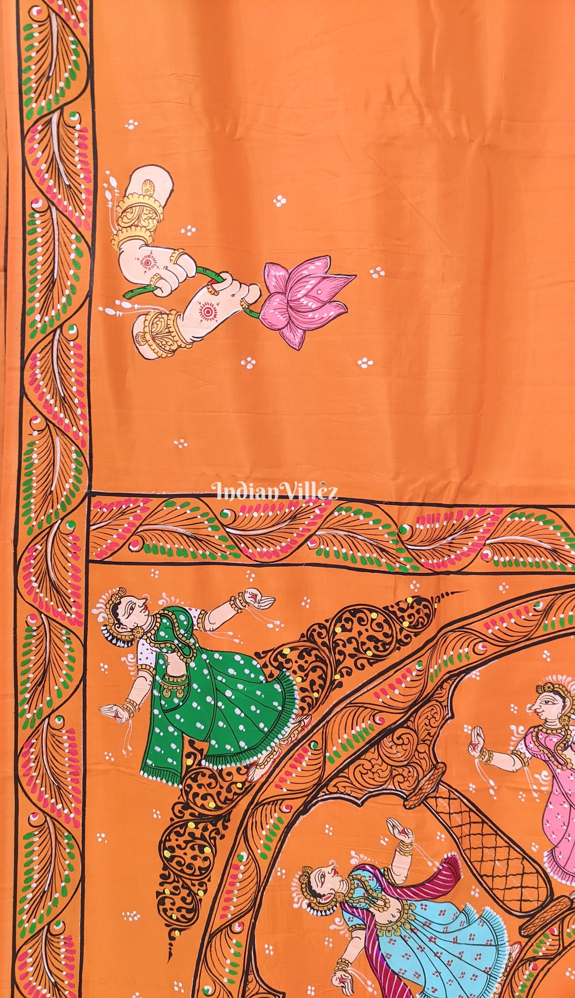 Orange Chandua Theme Hand-Painted Pattachitra Saree