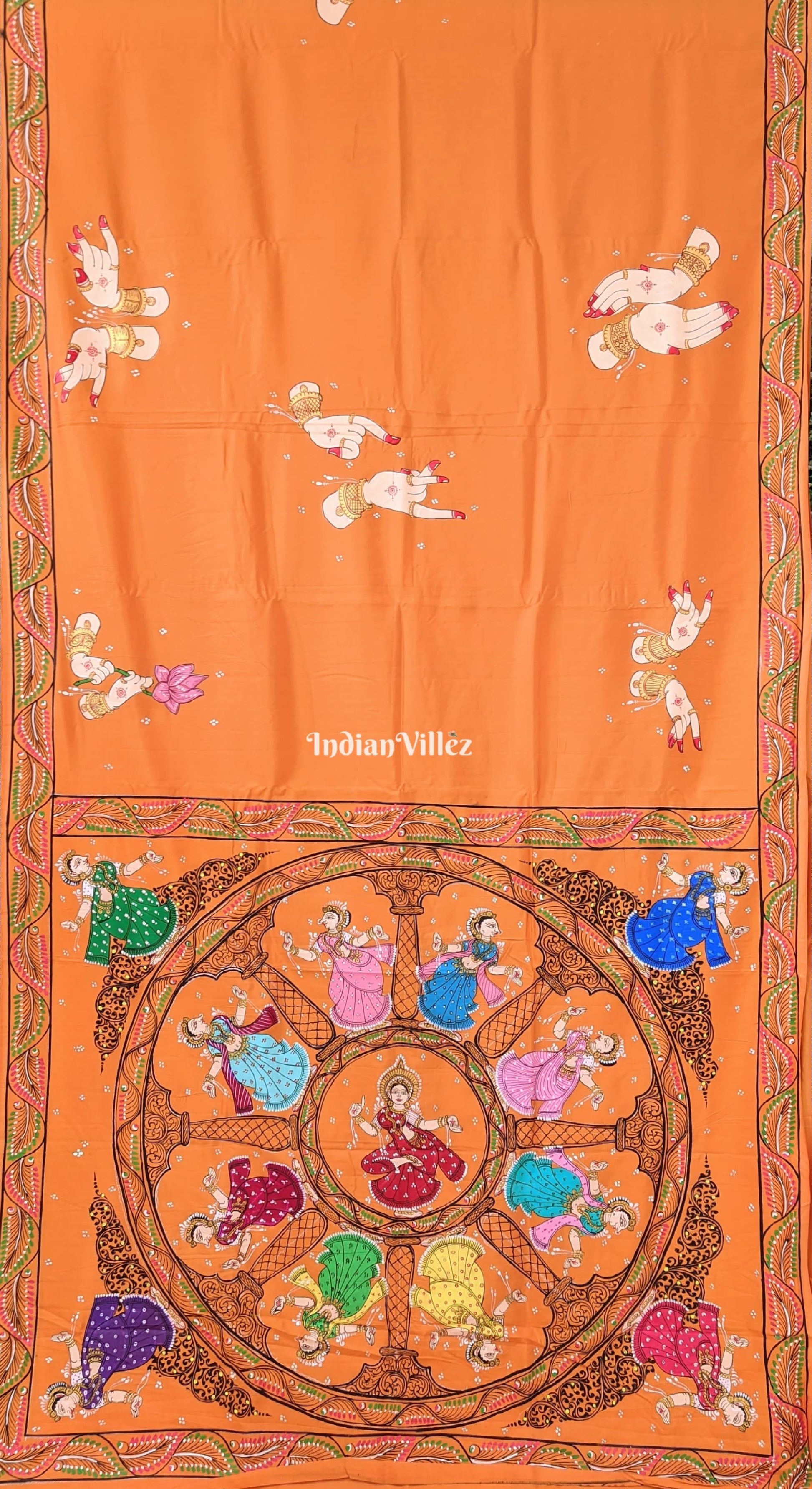 Orange Chandua Theme Hand-Painted Pattachitra Saree
