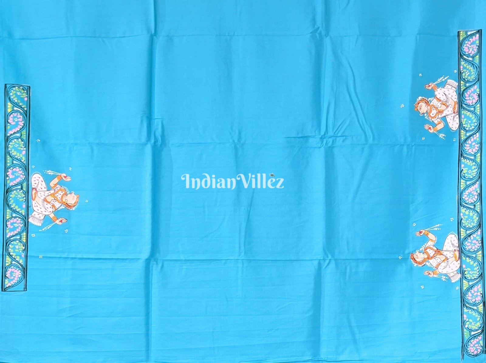 Sky Blue Raja Theme Hand-Painted Pattachitra Saree