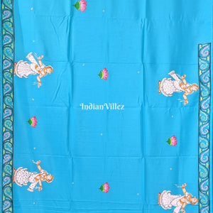 Sky Blue Raja Theme Hand-Painted Pattachitra Saree