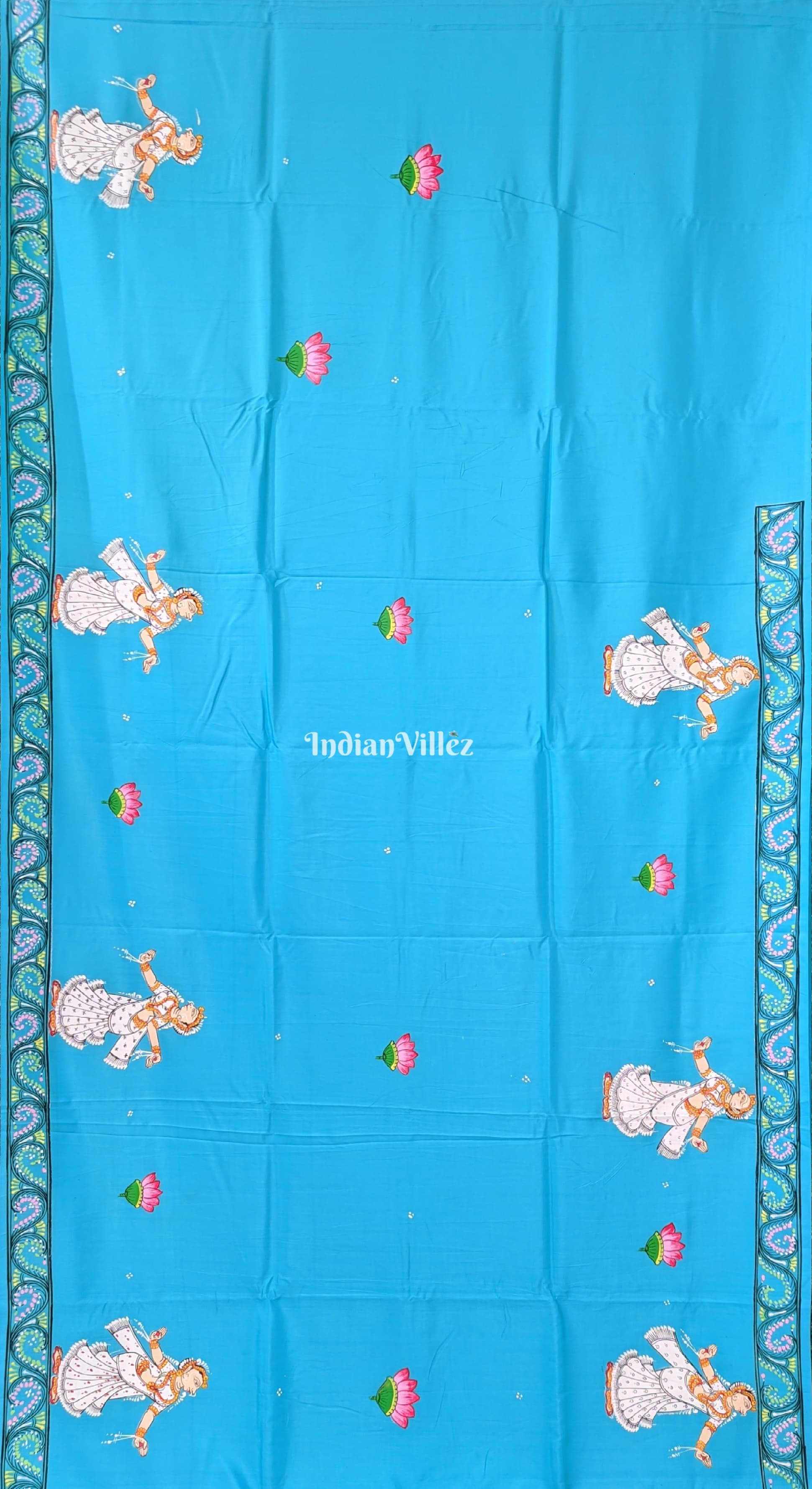 Sky Blue Raja Theme Hand-Painted Pattachitra Saree