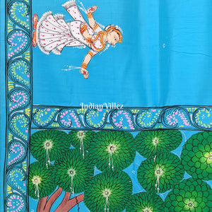 Sky Blue Raja Theme Hand-Painted Pattachitra Saree