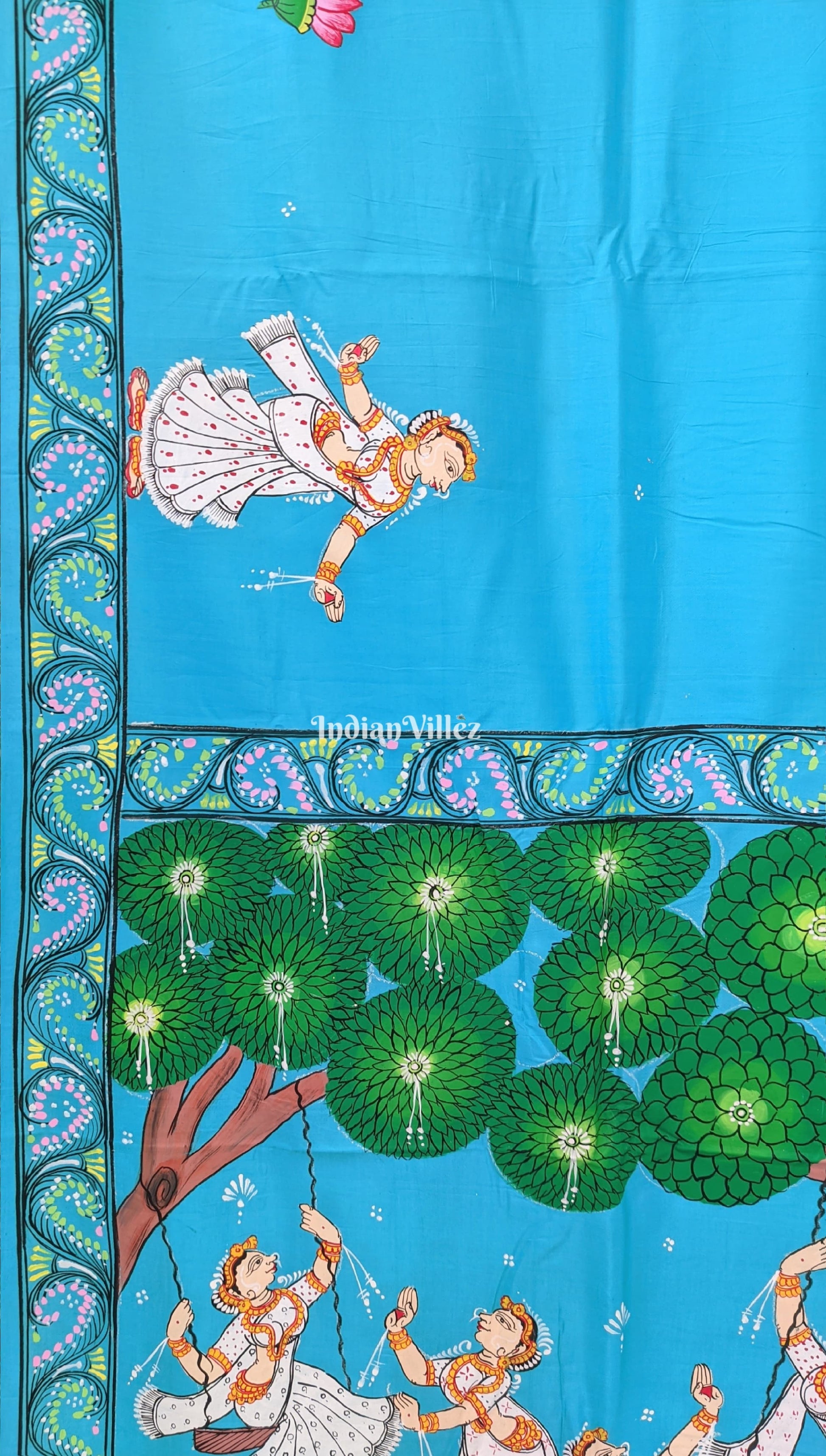 Sky Blue Raja Theme Hand-Painted Pattachitra Saree