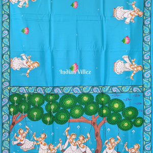 Sky Blue Raja Theme Hand-Painted Pattachitra Saree