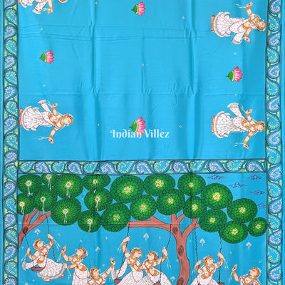 Sky Blue Raja Theme Hand-Painted Pattachitra Saree