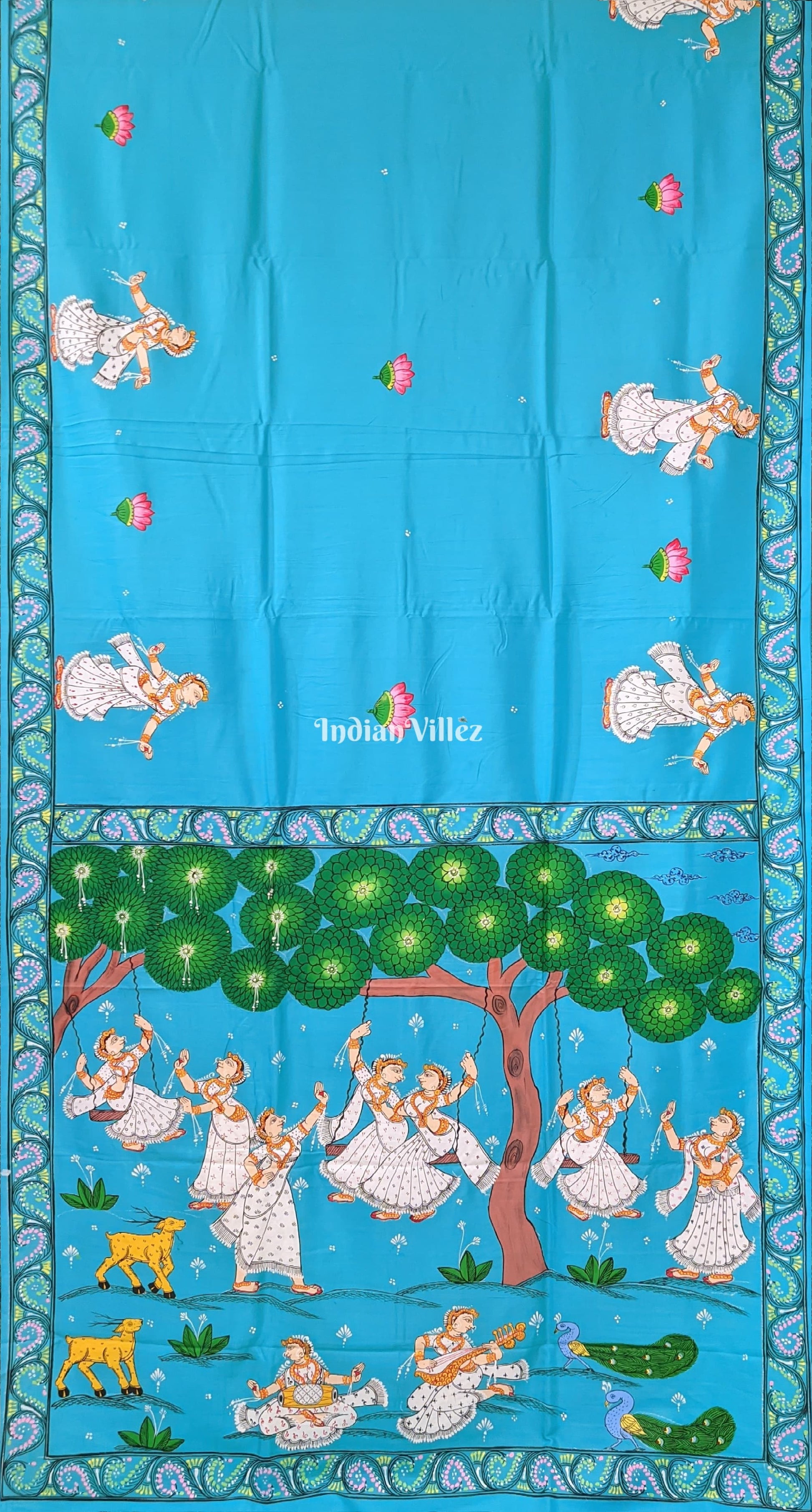 Sky Blue Raja Theme Hand-Painted Pattachitra Saree