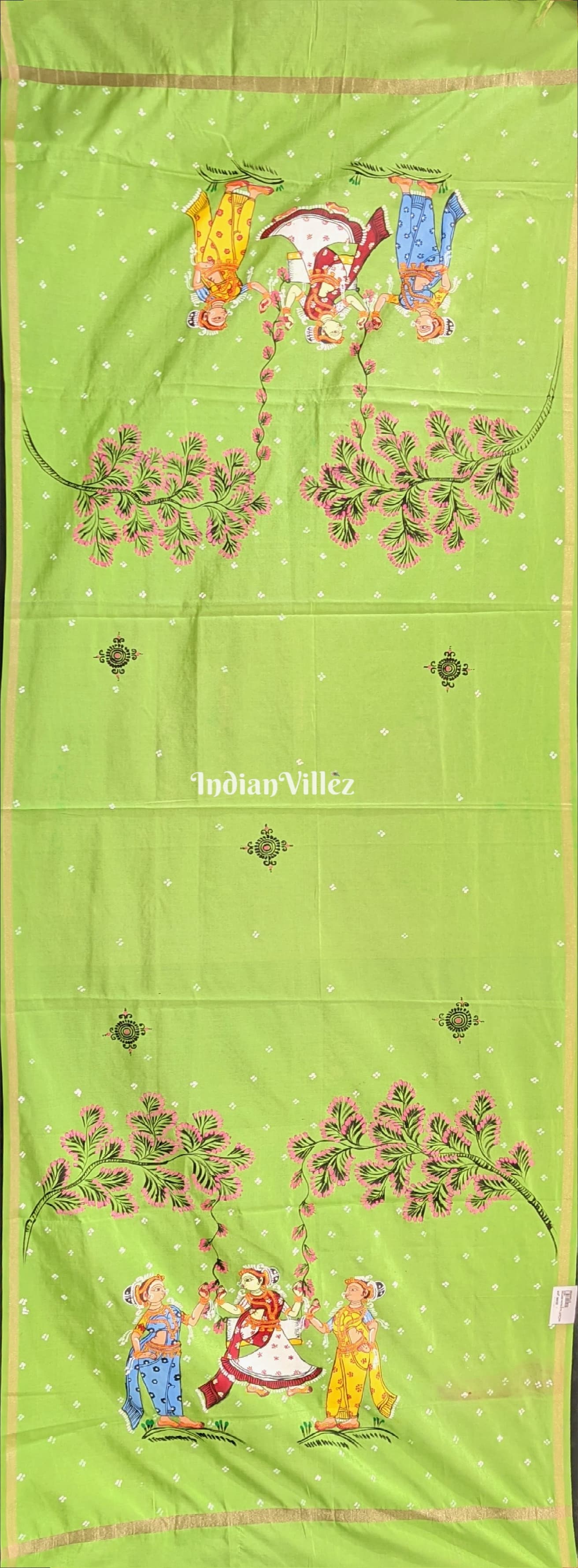 Parrot Green Rajo Theme Patachitra Chanderi Dupatta