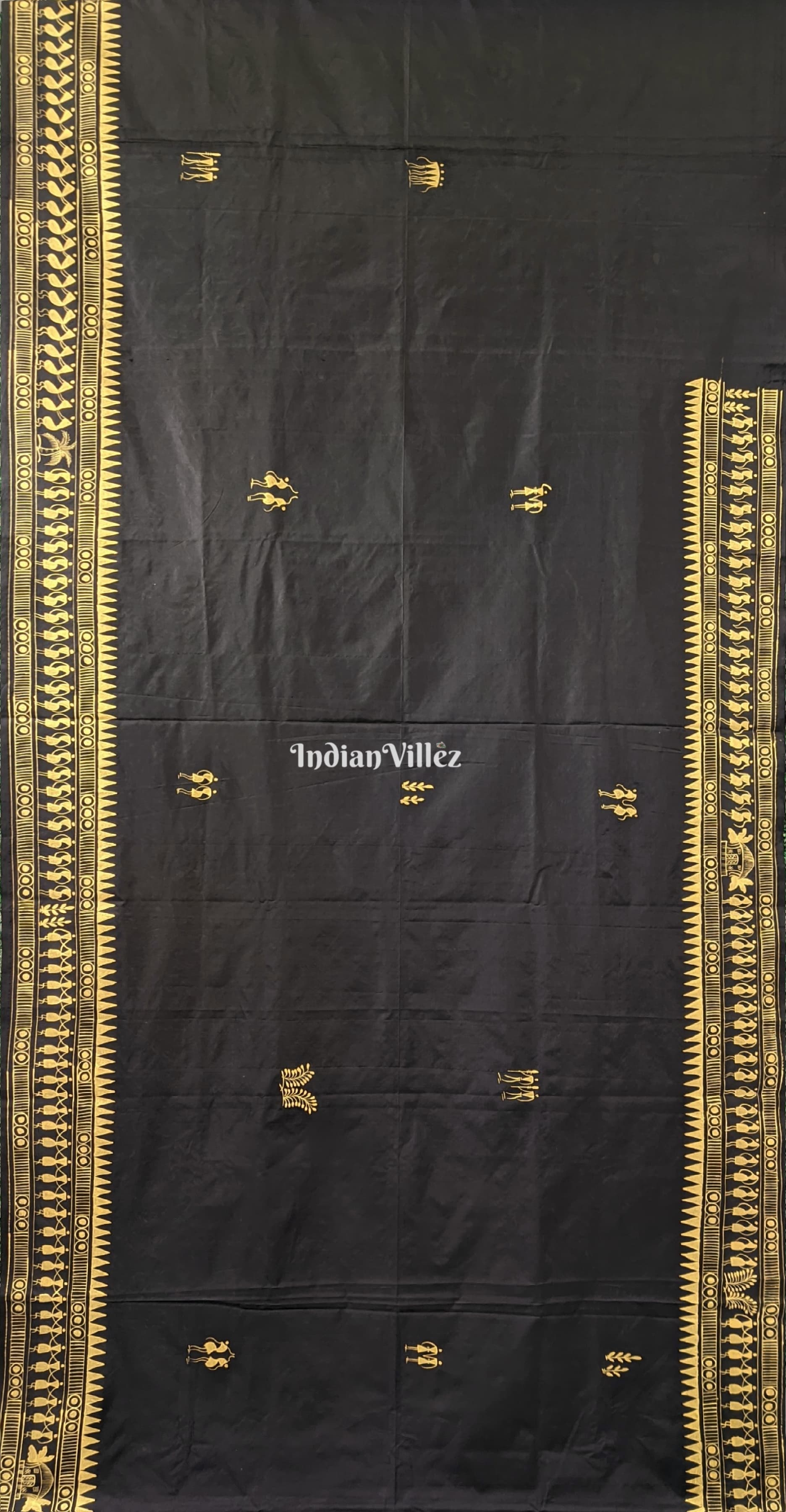 Black Tribal Themed Hand-Painted Pattachitra Saree