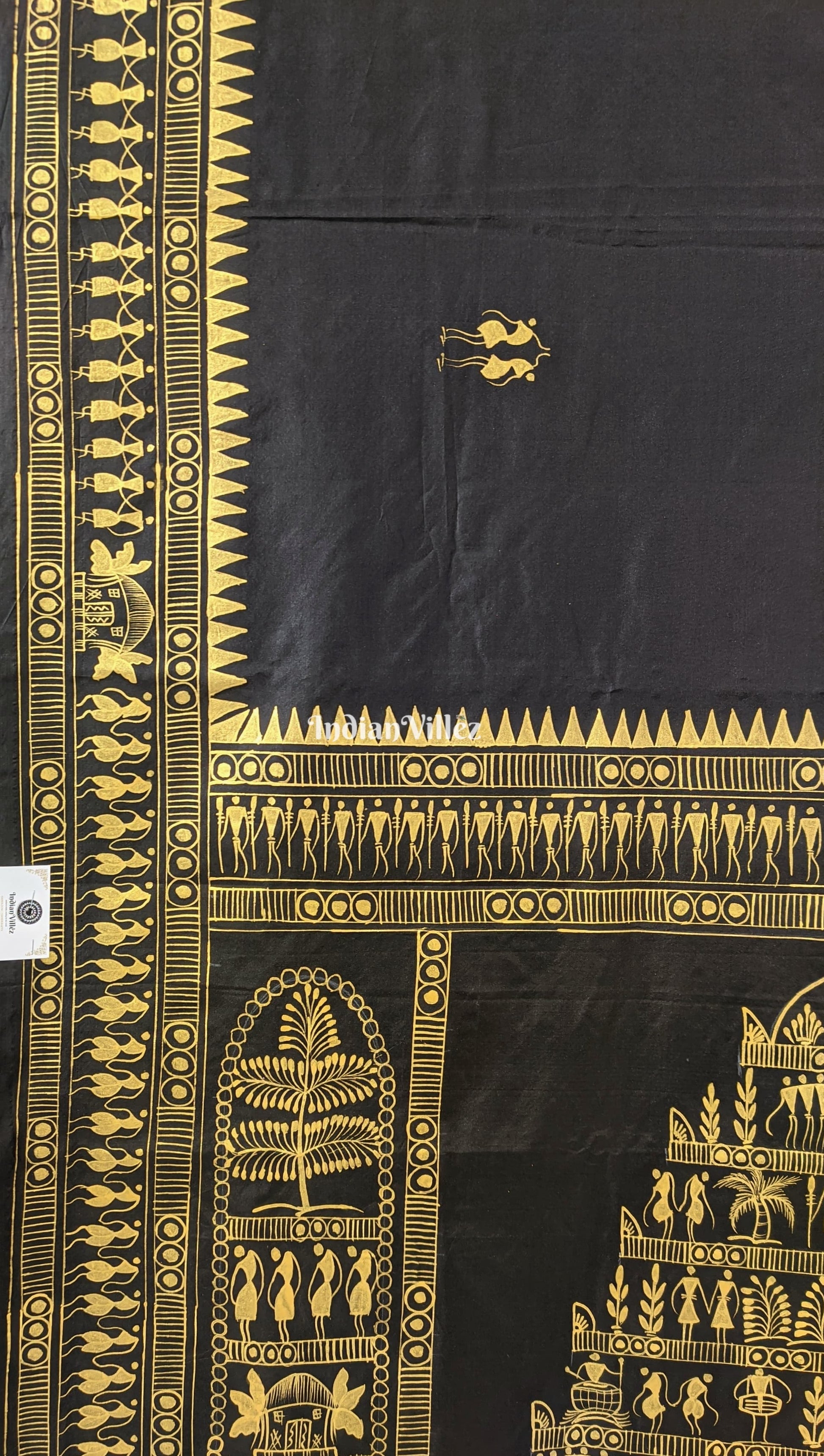 Black Tribal Themed Hand-Painted Pattachitra Saree