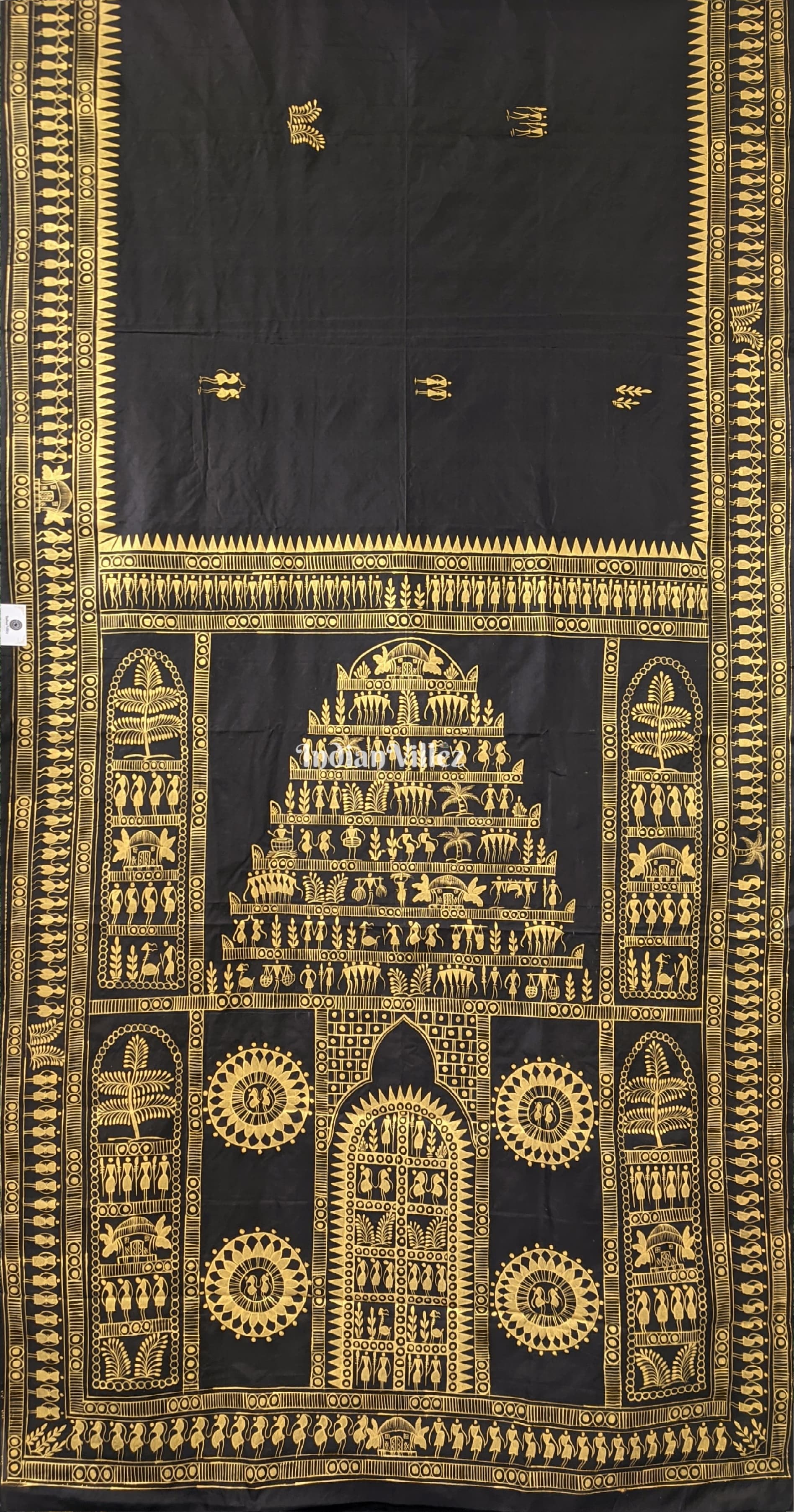 Black Tribal Themed Hand-Painted Pattachitra Saree