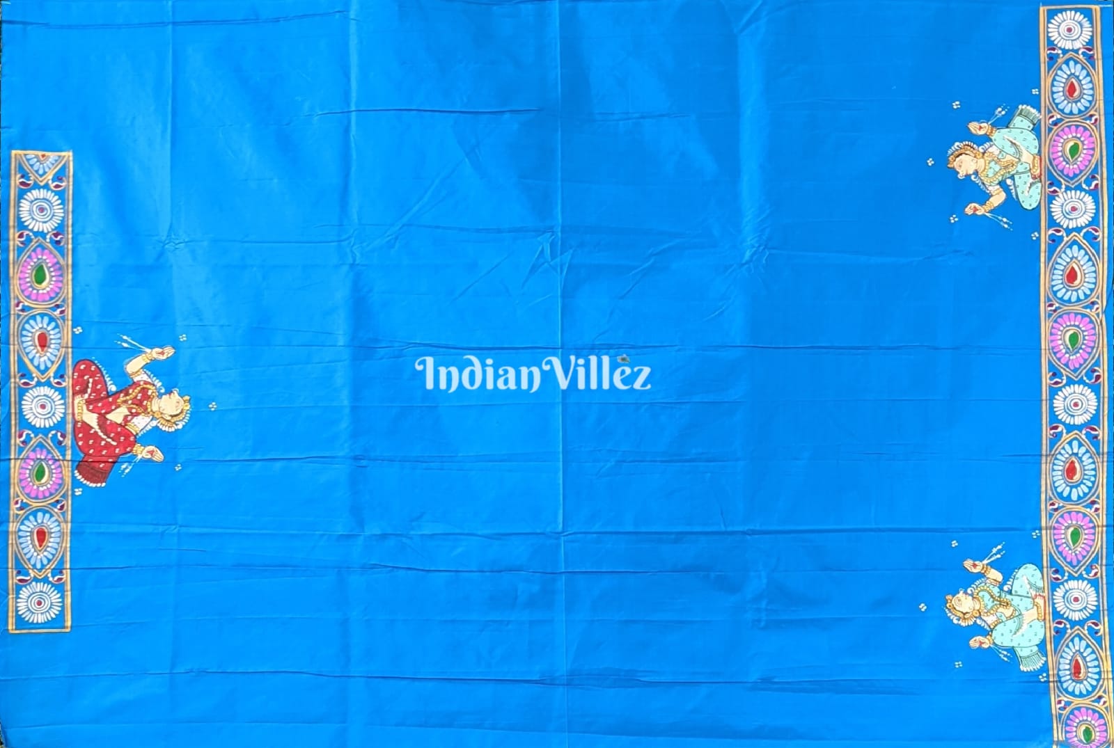 Copper Sulphate Village Theme Hand-Painted Pattachitra Saree