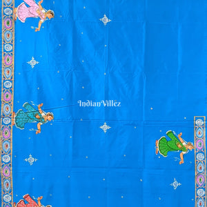 Copper Sulphate Village Theme Hand-Painted Pattachitra Saree
