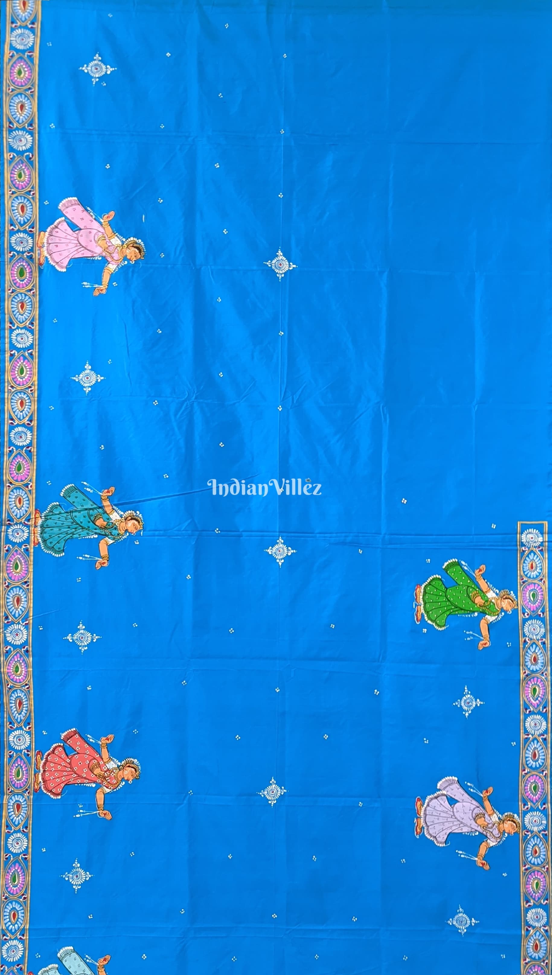 Copper Sulphate Village Theme Hand-Painted Pattachitra Saree
