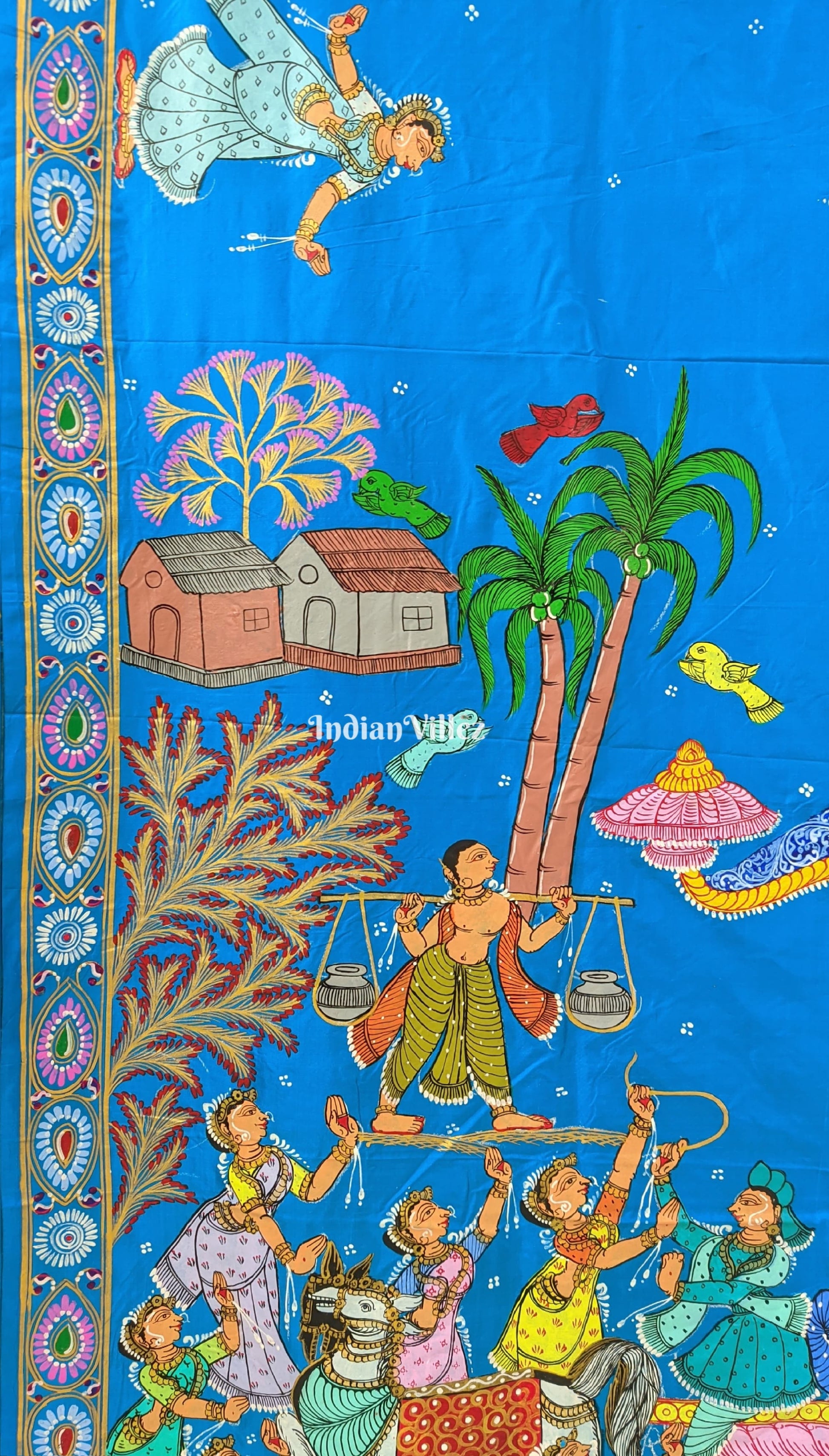 Copper Sulphate Village Theme Hand-Painted Pattachitra Saree