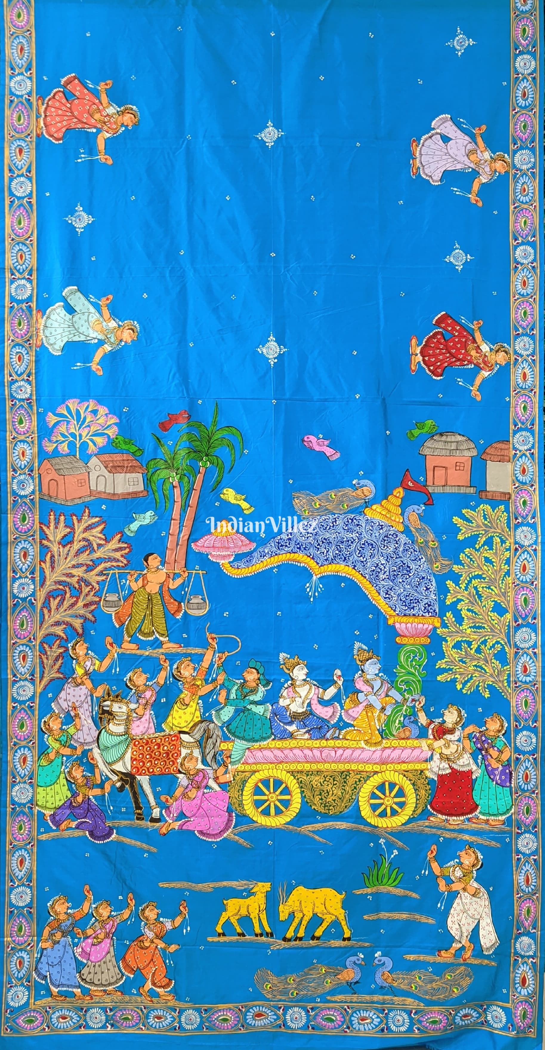 Copper Sulphate Village Theme Hand-Painted Pattachitra Saree