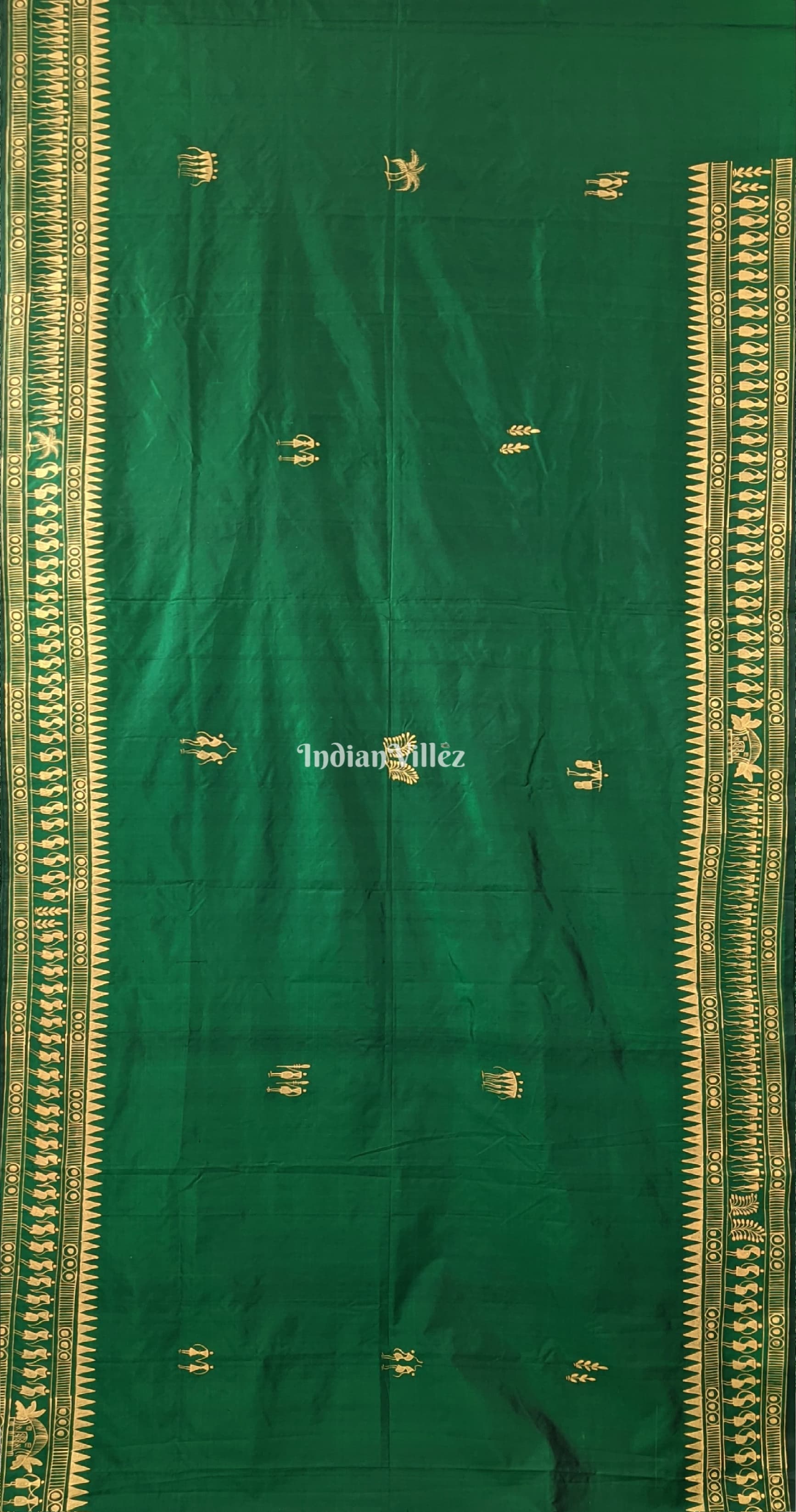 Green Tribal Themed Hand-Painted Pattachitra Saree