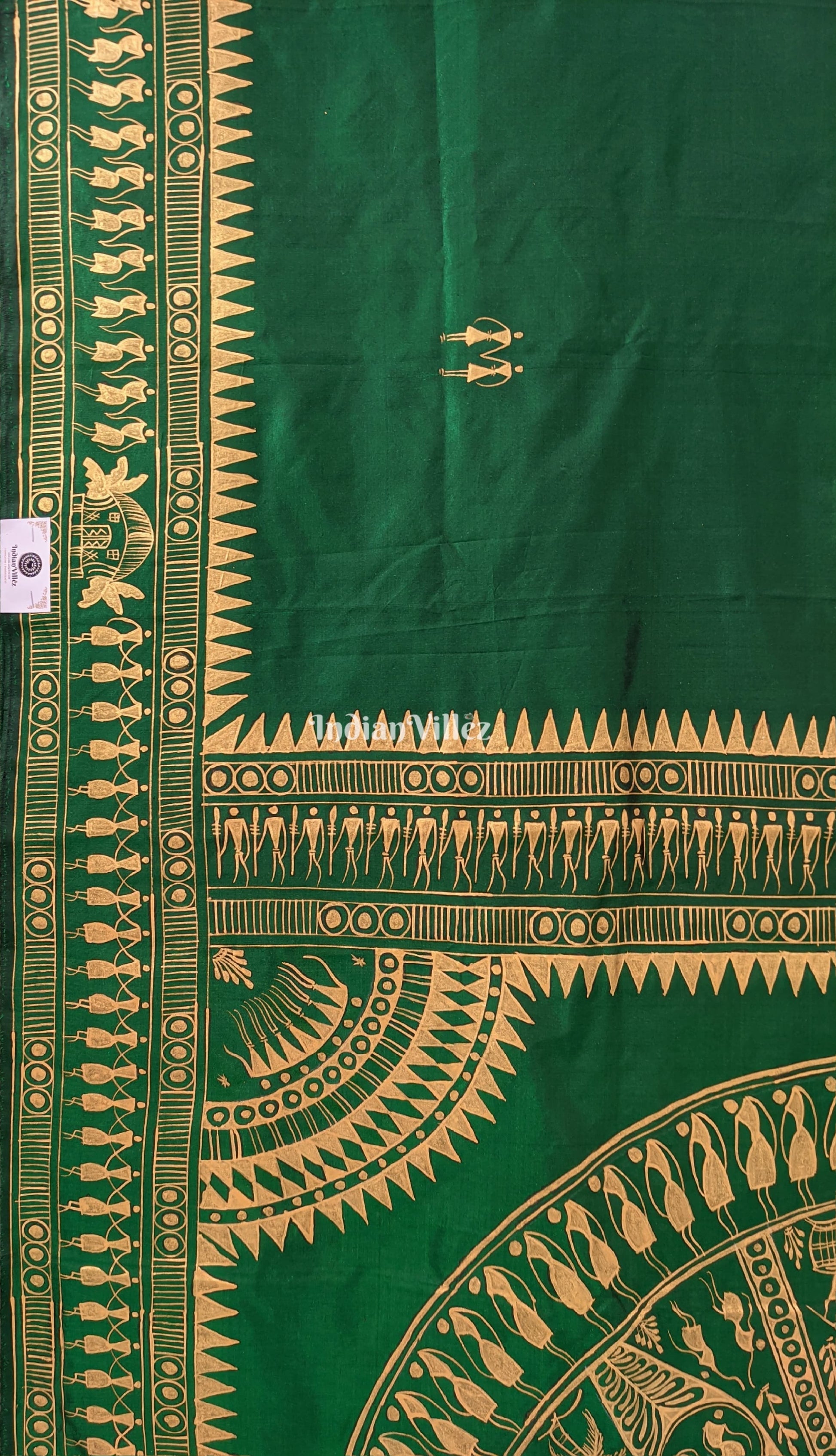 Green Tribal Themed Hand-Painted Pattachitra Saree