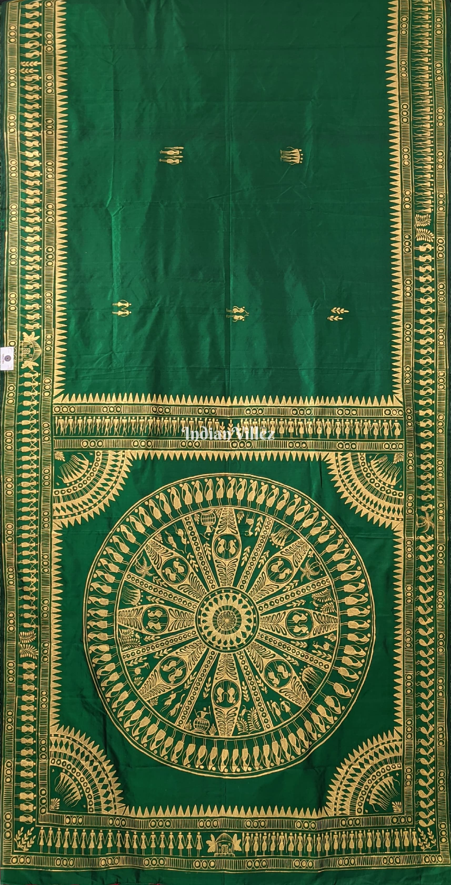 Green Tribal Themed Hand-Painted Pattachitra Saree