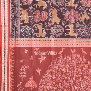 Maroon Jungle and Animal Theme Sambalpuri Silk Saree
