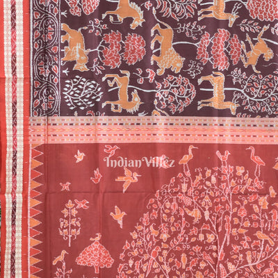 Maroon Jungle and Animal Theme Sambalpuri Silk Saree