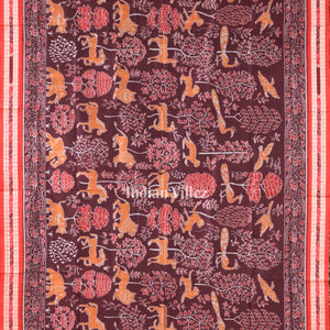 Maroon Jungle and Animal Theme Sambalpuri Silk Saree