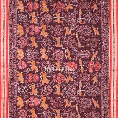 Maroon Jungle and Animal Theme Sambalpuri Silk Saree