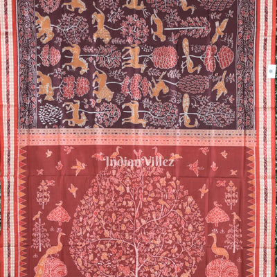 Maroon Jungle and Animal Theme Sambalpuri Silk Saree