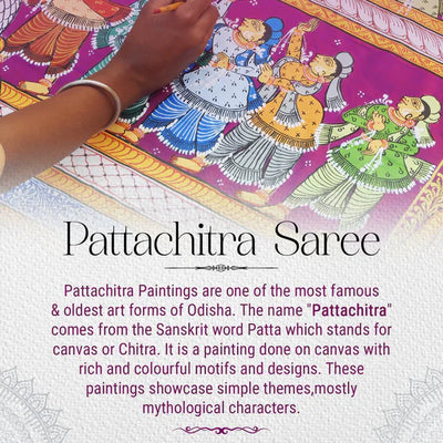 Blue Red Radha Krishna Peacock Design Hand-Painted Pattachitra Saree