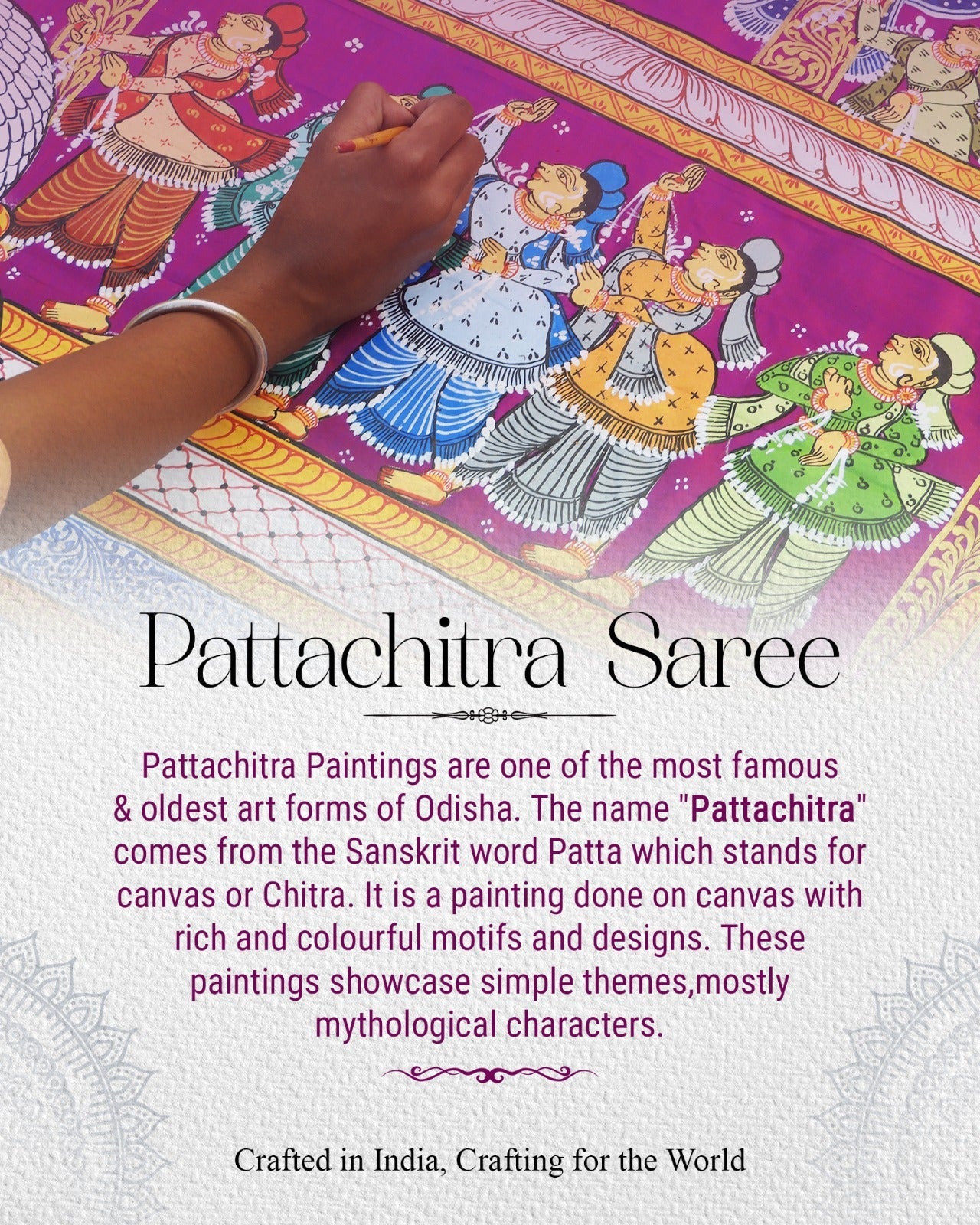 Red Mustard Yellow Marriage Theme Hand-Painted Pattachitra Saree