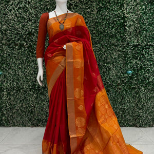 Red With Orange Pallu Pure South Soft Silk Saree