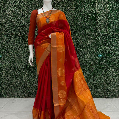 Red With Orange Pallu Pure South Soft Silk Saree