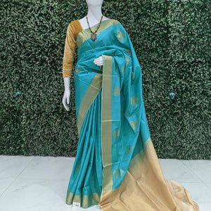 Golden Sea Green Pure Kanjivaram Soft Silk Saree