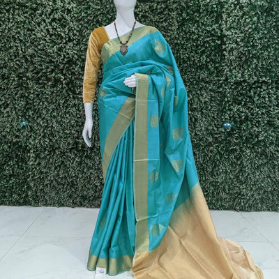 Golden Sea Green Pure Kanjivaram Soft Silk Saree