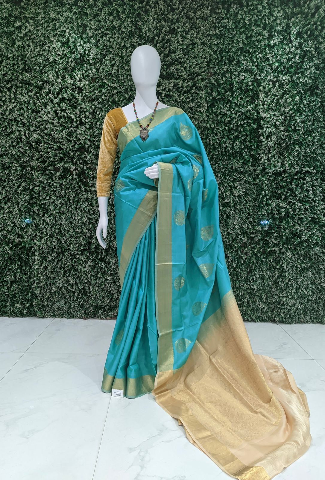 Golden Sea Green Pure Kanjivaram Soft Silk Saree
