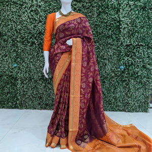 Maroon Orange Pure Kanjivaram Soft Silk Saree