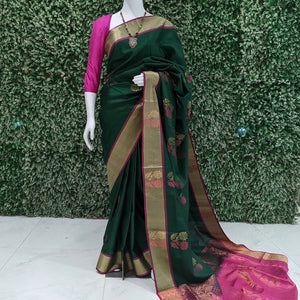 Dark Green With Pink Pallu Pure South Soft Silk Saree