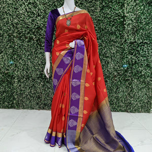 Red Blue Pure Kanjivaram Soft Silk Saree