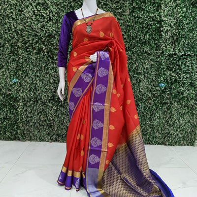 Red Blue Pure Kanjivaram Soft Silk Saree