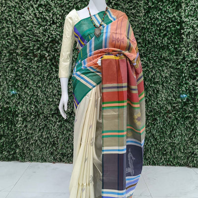 Cream With Multicolor Handwoven Bishnupuri Double Pallu Silk Saree