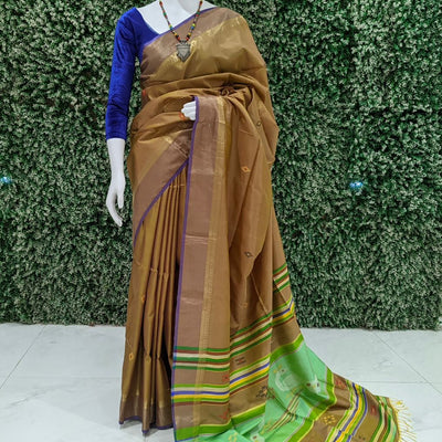 Khaki With Parrot Green Handwoven South Soft Silk Saree