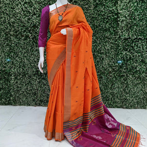 Rani With Golden Orange Handwoven Bishnupuri Silk Saree