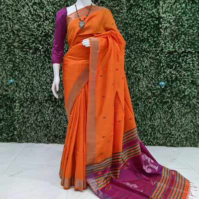 Rani With Golden Orange Handwoven Bishnupuri Silk Saree