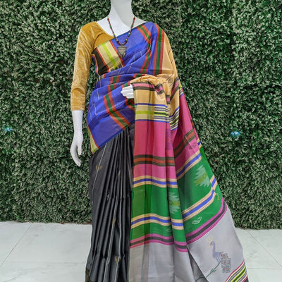 Gray With Multicolor Handwoven Bishnupuri Silk Saree