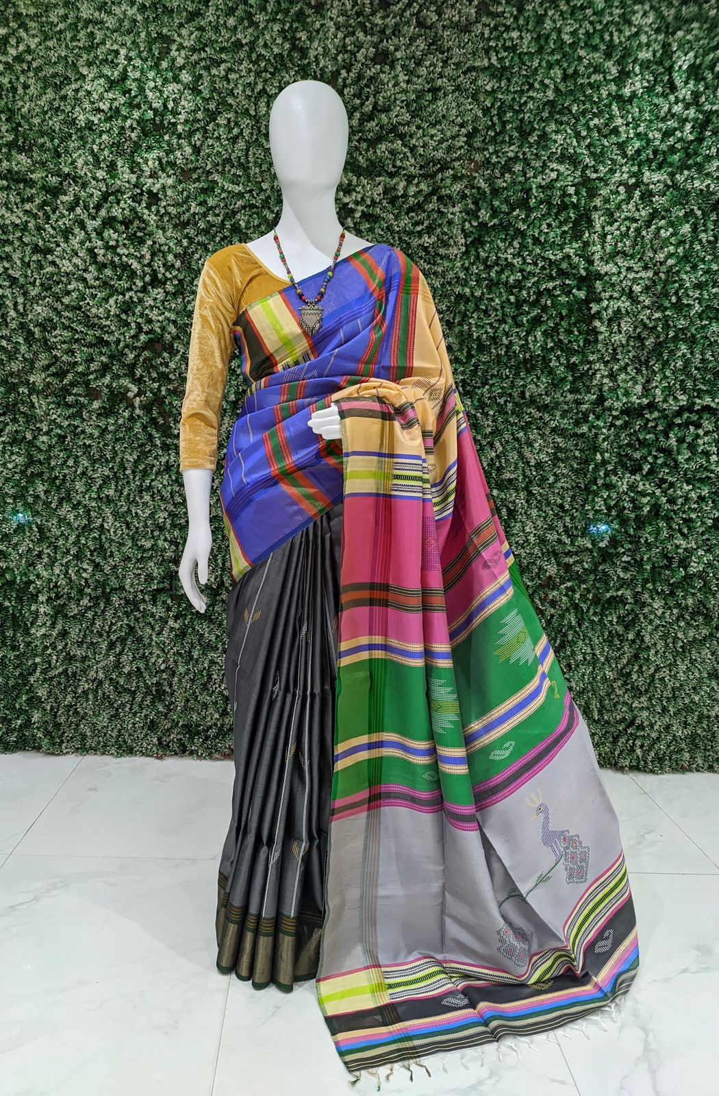 Gray With Multicolor Handwoven Bishnupuri Silk Saree