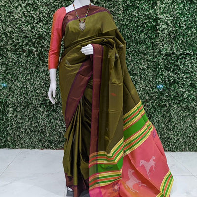 Olive Green Peach Handwoven South Soft Silk Saree