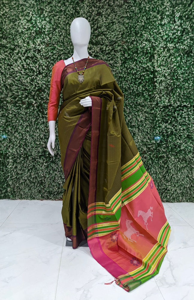 Olive Green Peach Handwoven South Soft Silk Saree